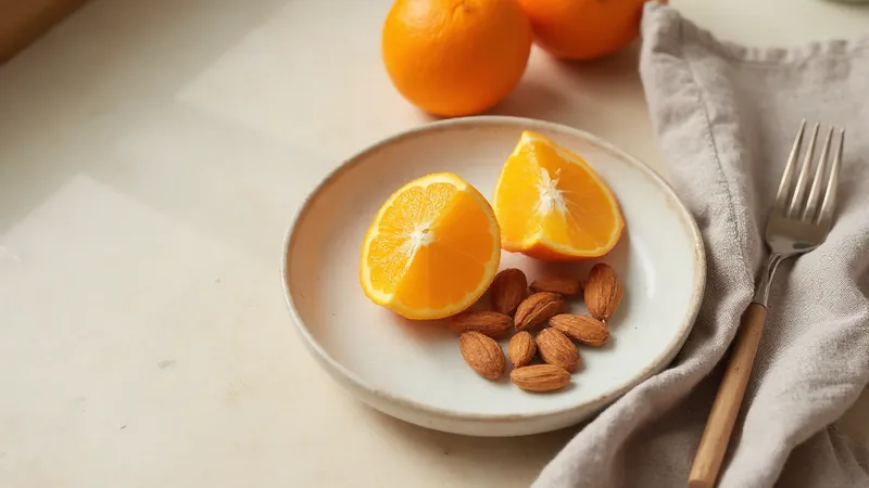 Almonds and an orange: Oranges, Almonds. Generated illustration.