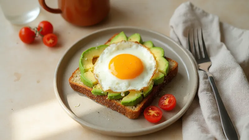 Avocado and egg toast: Eggs, Avocado, Wholegrain bread, Tomatoes. Generated illustration.