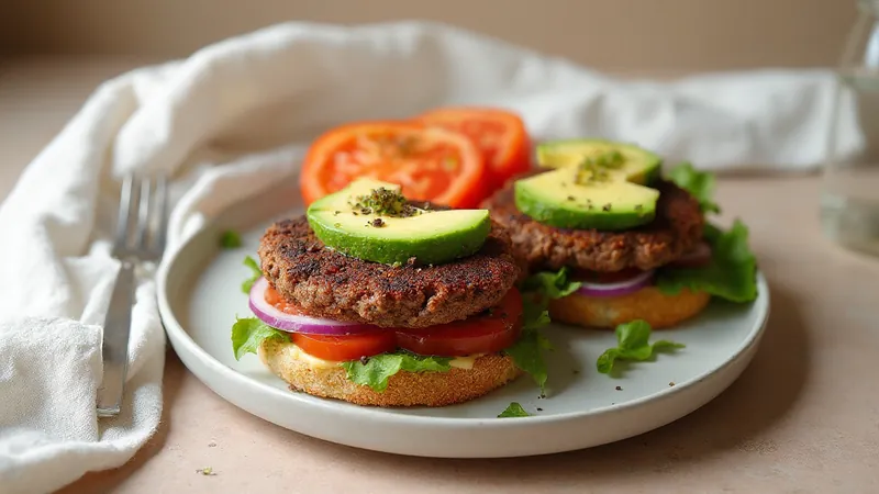 Black bean burgers on wholegrain bread: Black beans, Wholegrain bread, Tomatoes, Avocado. Generated illustration.
