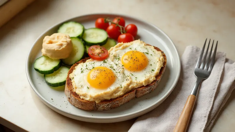 Egg and hummus open sandwich: Eggs, Cucumber, Wholegrain bread, Tomatoes. Generated illustration.