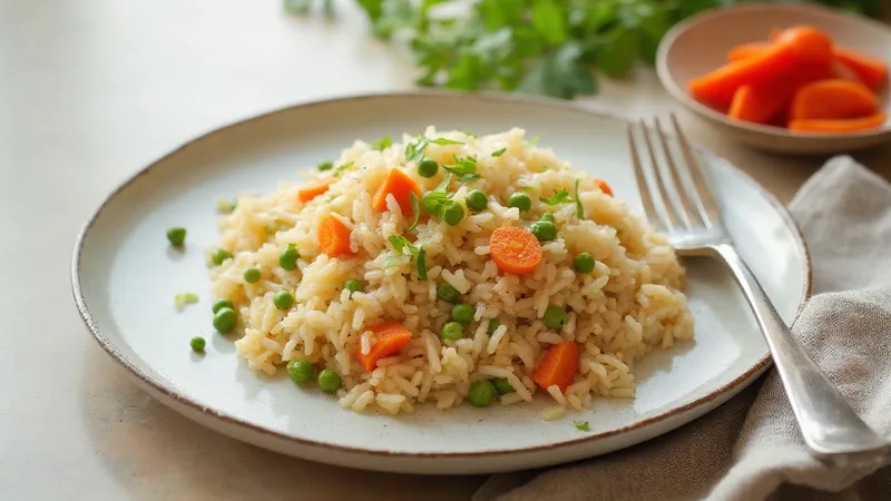 Egg and vegetable fried rice: Brown rice, Eggs, Peas, Carrots. Generated illustration.