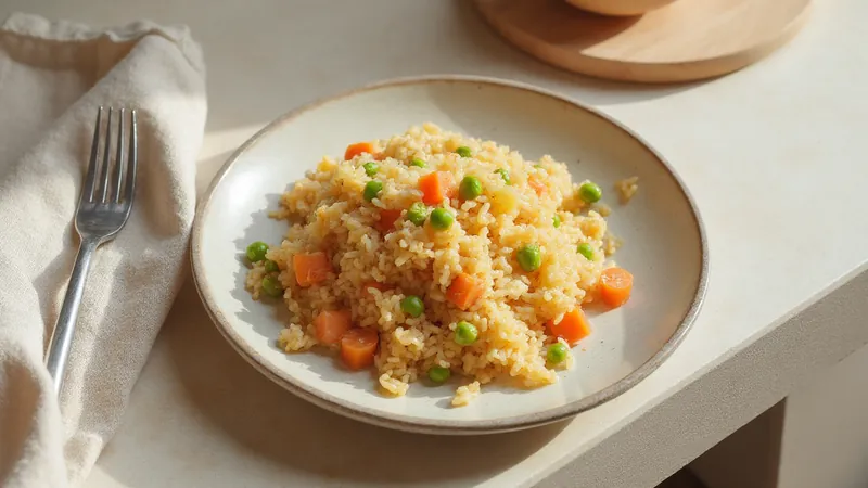 Egg fried rice with peas and carrots: Brown rice, Eggs, Peas, Carrots. Generated illustration.