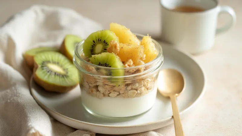 Kiwi and yoghurt crunch cup: Greek yoghurt, Kiwi fruit, Rolled oats, Almonds. Generated illustration.