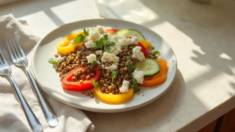 Lentil and feta salad: Lentils, Peppers, Cucumber, Feta cheese. Generated illustration.