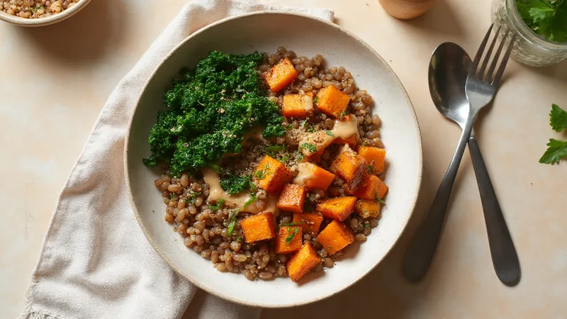 Lentil and roast sweet potato bowl: Lentils, Sweet potato, Kale, Tahini. Generated illustration.