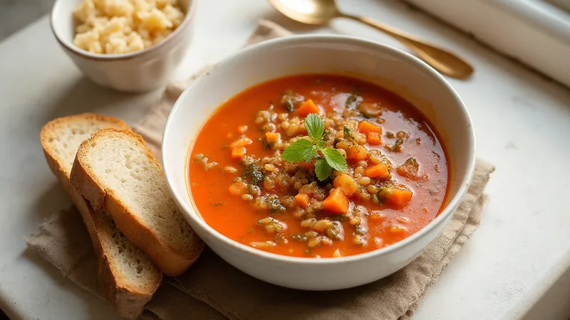 Lentil and tomato soup with wholegrain bread: Lentils, Tomatoes, Carrots, Wholegrain bread. Generated illustration.