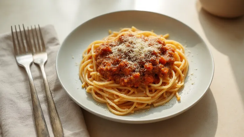 Lentil bolognese with wholewheat pasta: Lentils, Tomato pasta sauce, Wholewheat pasta, Carrots. Generated illustration.