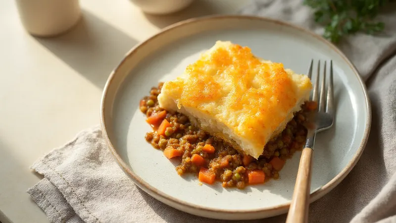 Lentil shepherd's pie: Lentils, Potatoes, Tomatoes, Carrots. Generated illustration.