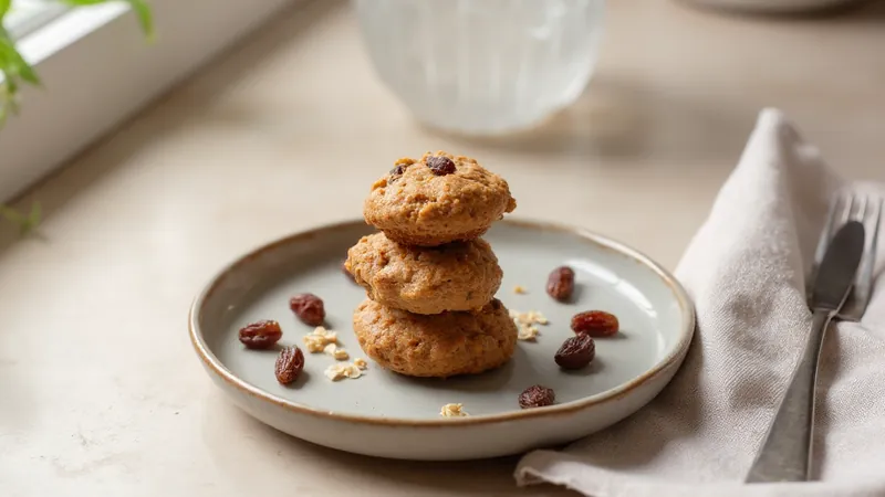 Peanut butter oat bites: Rolled oats, Peanut butter, Raisins, Honey. Generated illustration.
