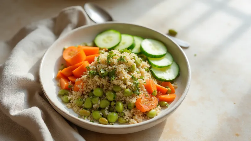 Quinoa and edamame salad: Quinoa, Edamame, Cucumber, Carrots. Generated illustration.