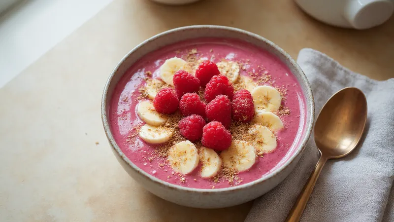 Raspberry protein smoothie bowl: Soy milk, Bananas, Raspberries, Soy protein powder. Generated illustration.