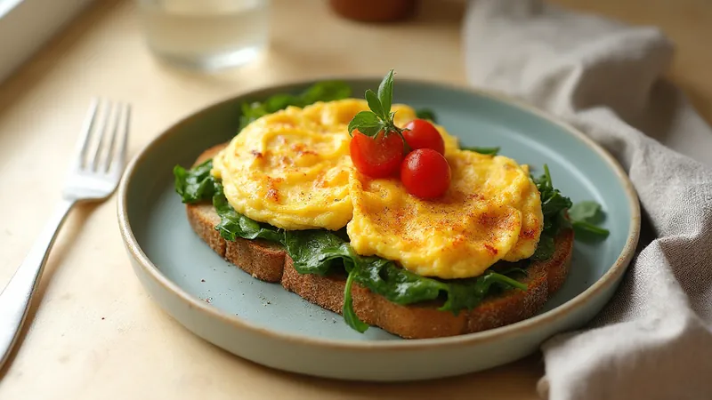 Scrambled eggs on wholegrain toast with spinach: Eggs, Tomatoes, Wholegrain bread, Spinach. Generated illustration.