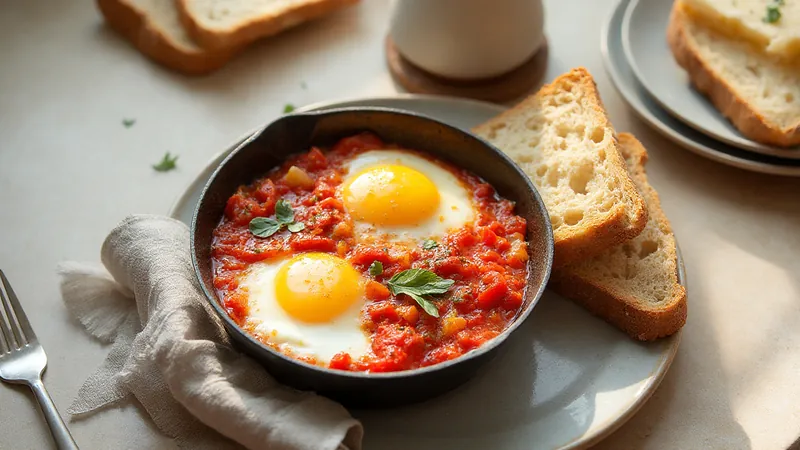Shakshuka with wholegrain bread: Tomatoes, Eggs, Peppers, Onions. Generated illustration.
