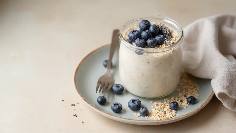 Soy protein overnight oats with blueberries: Soy milk, Blueberries, Rolled oats, Soy protein powder. Generated illustration.