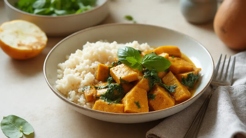 Tofu and spinach coconut curry with rice: Firm tofu, Brown rice, Tomatoes, Coconut milk. Generated illustration.