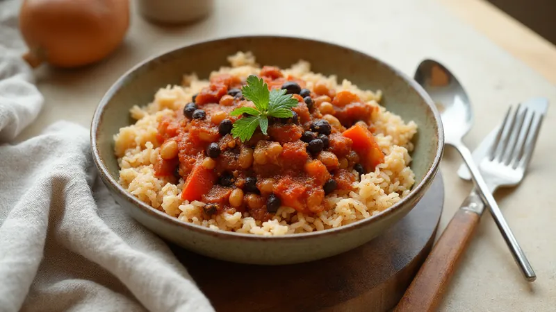 Two-bean vegan chilli with rice: Tomatoes, Kidney beans, Brown rice, Black beans. Generated illustration.