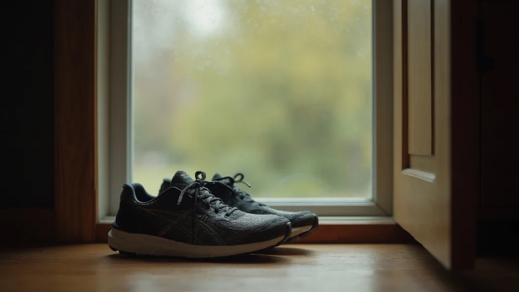A pair of running shoes on a doorstep with rain on the window, generated illustration