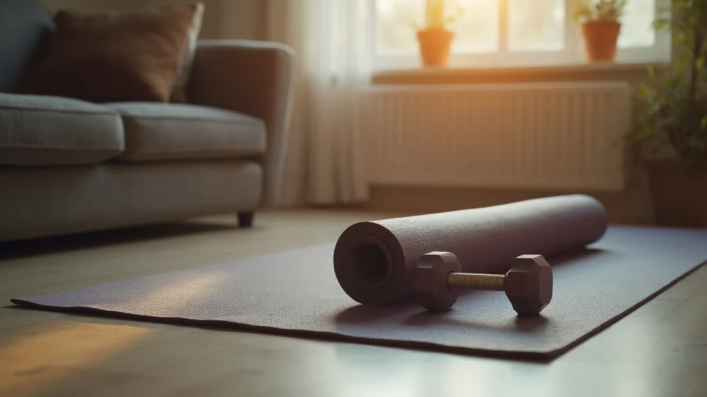A yoga mat and dumbbells laid out in a living room in evening light, generated illustration