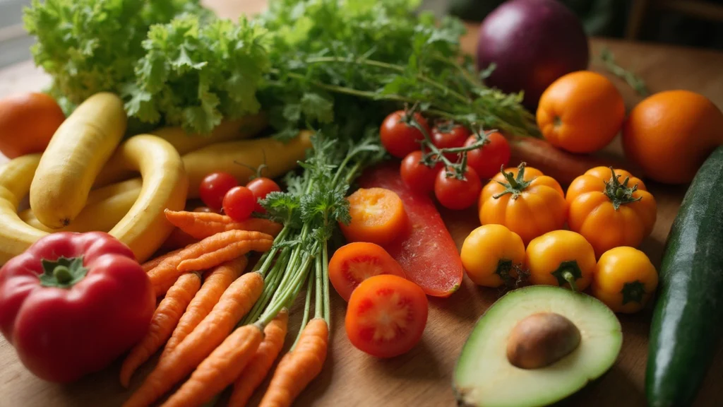 A flat lay of colourful vegetables and fruit arranged by colour on a wooden table, generated illustration