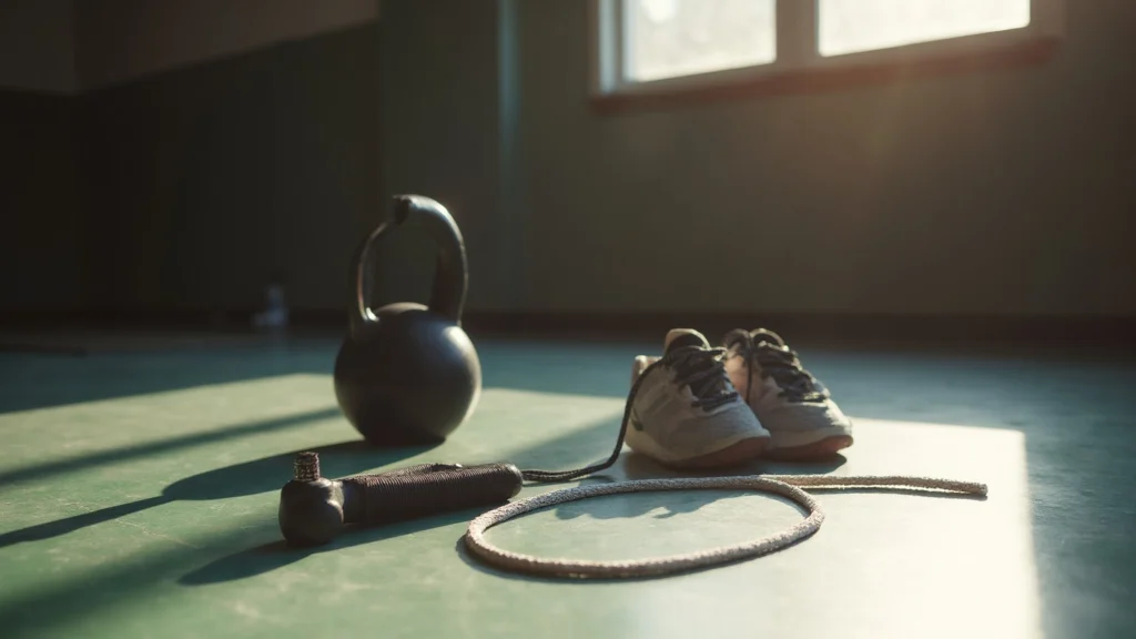 A skipping rope, a kettlebell and a pair of running shoes on a gym floor, generated illustration