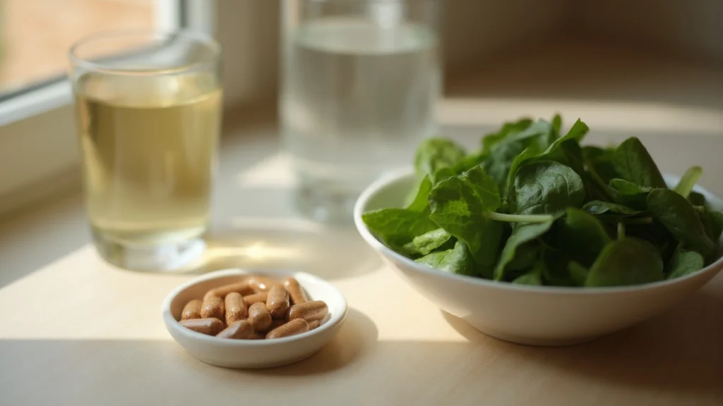 A small dish of capsules beside a glass of water and a bowl of spinach, generated illustration
