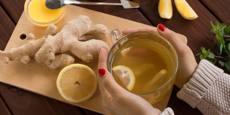 Lemon tea on wooden table