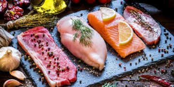 High angle view of four different types of animal protein like a raw beef steak, a raw chicken breast, a raw salmon fillet and a raw pork steak on a stone tray surrounded by condiments, spices and vegetables