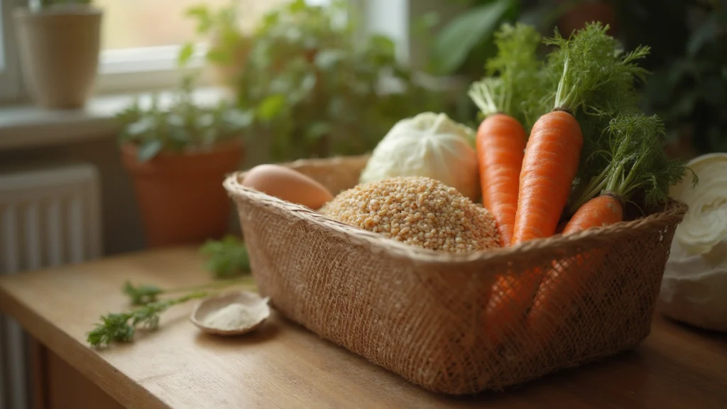 A shopping basket with dried beans, rice, eggs, carrots and a cabbage on a kitchen table, generated illustration