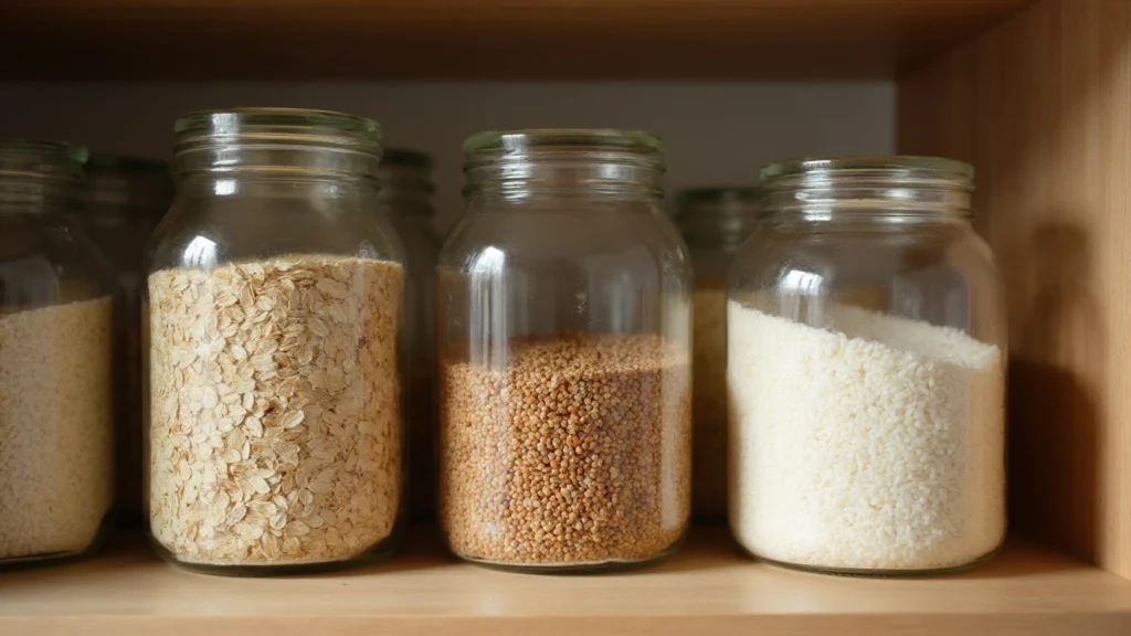 Bulk jars of oats, lentils and rice on a pantry shelf, generated illustration