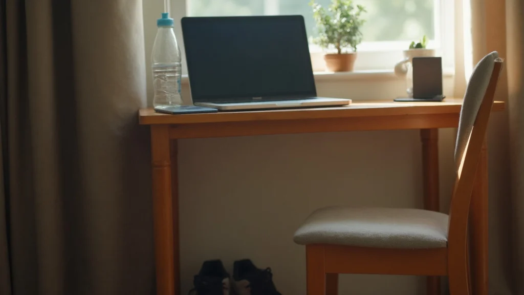 A desk with a laptop, a water bottle and a pair of trainers under the chair, generated illustration