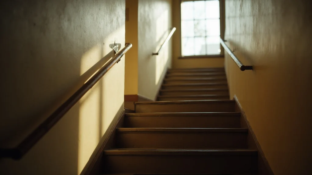 A flight of stairs in an office building with sunlight through a window, generated illustration