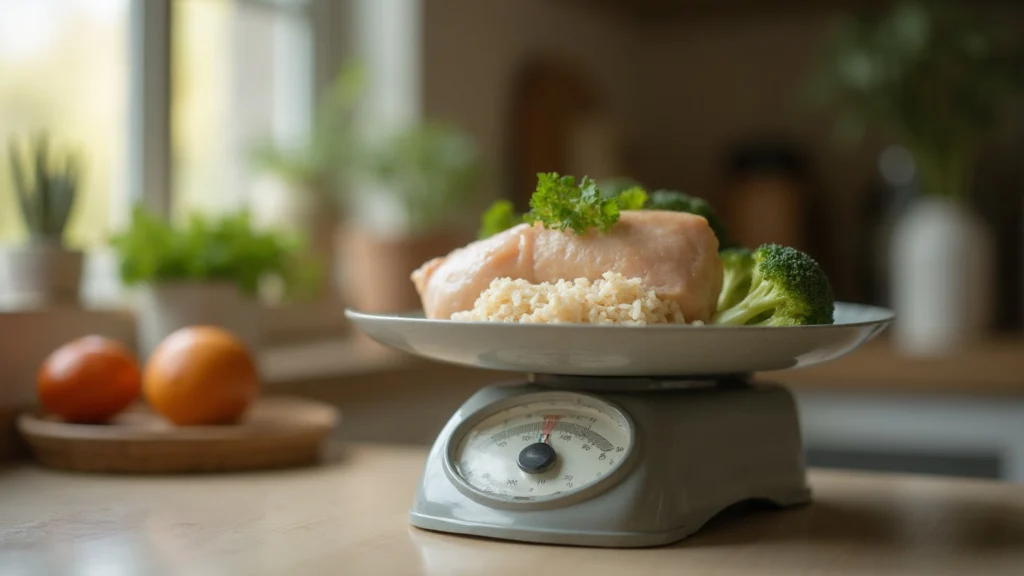 A kitchen scale with a portion of rice, a chicken breast and broccoli weighed out, generated illustration
