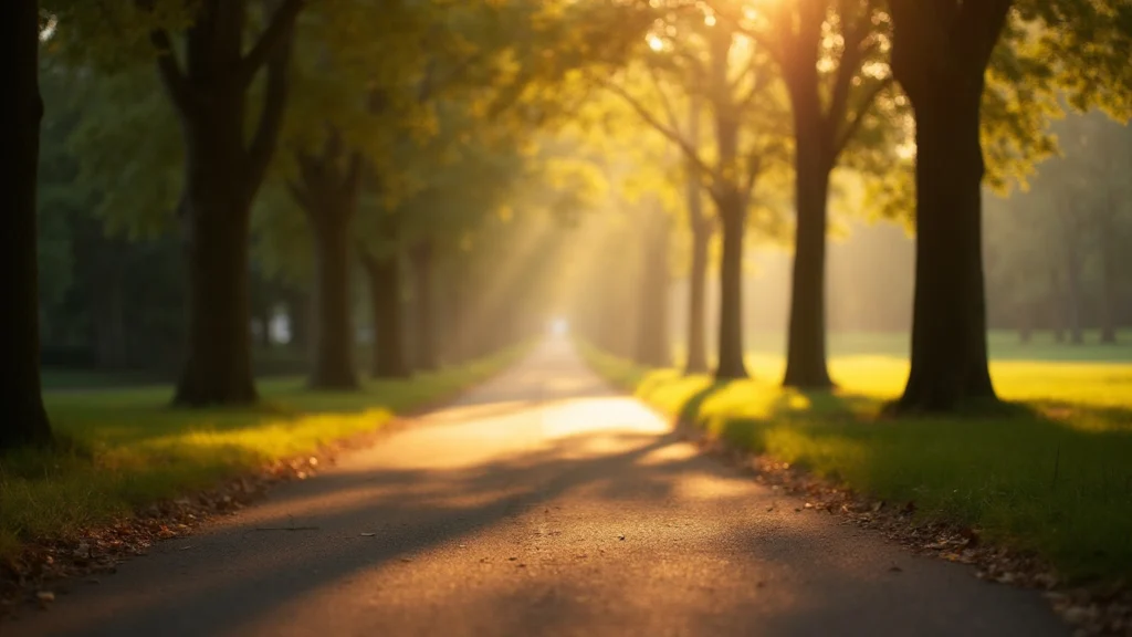 A sunlit park path lined with trees in early morning, generated illustration