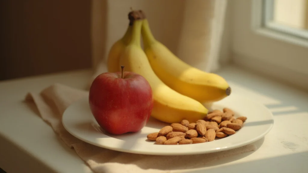 An apple, a banana and a handful of almonds on a plain plate, generated illustration
