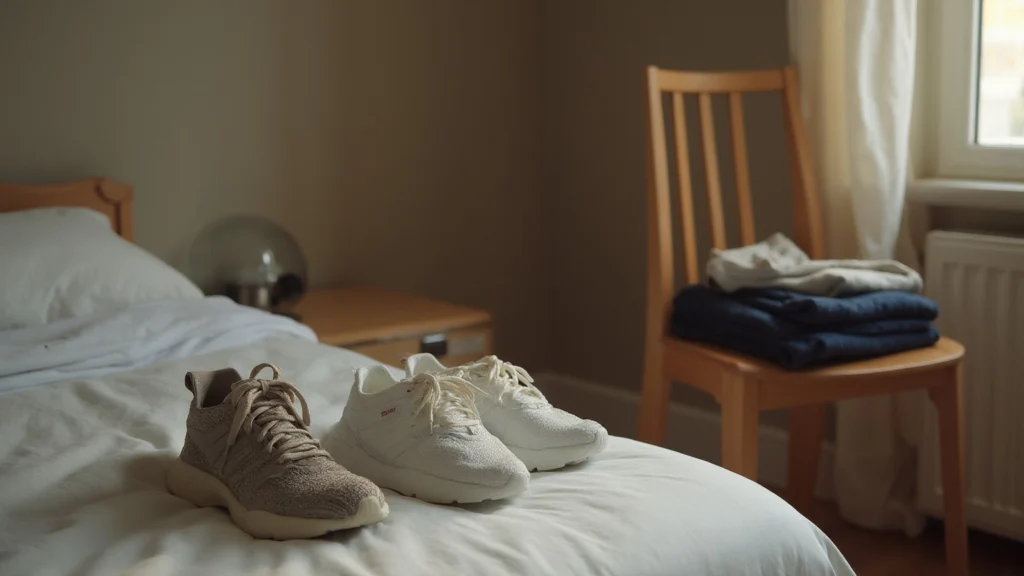 Trainers laid out beside the bed with workout clothes folded on a chair, generated illustration