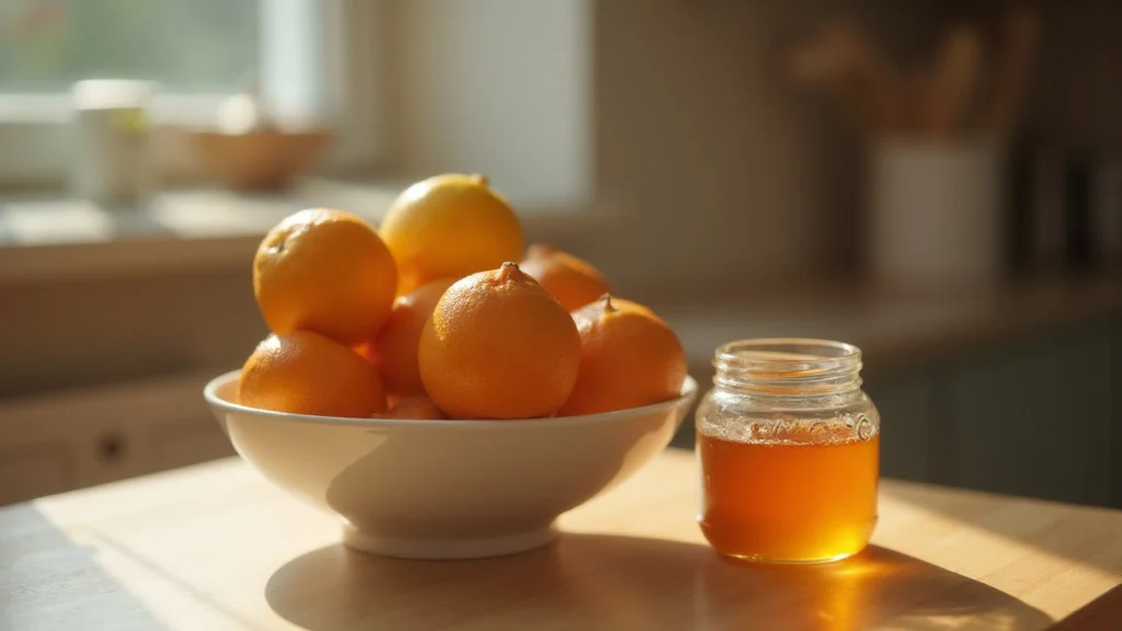 A bowl of citrus fruit and a jar of honey on a kitchen table, generated illustration