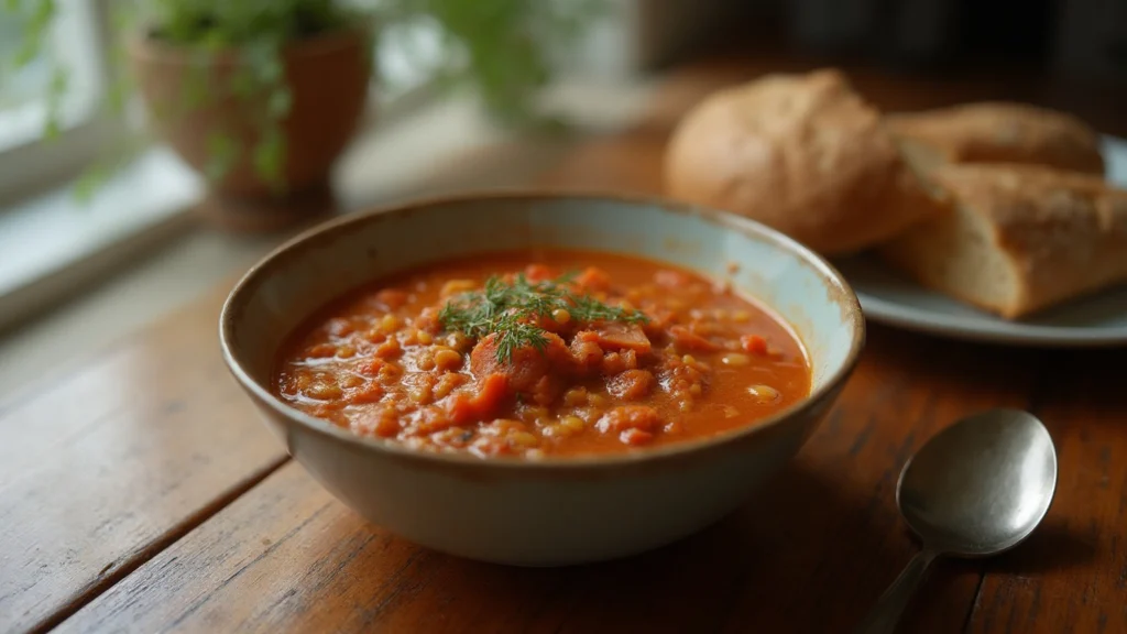 A bowl of lentil stew with crusty bread on a wooden table, generated illustration
