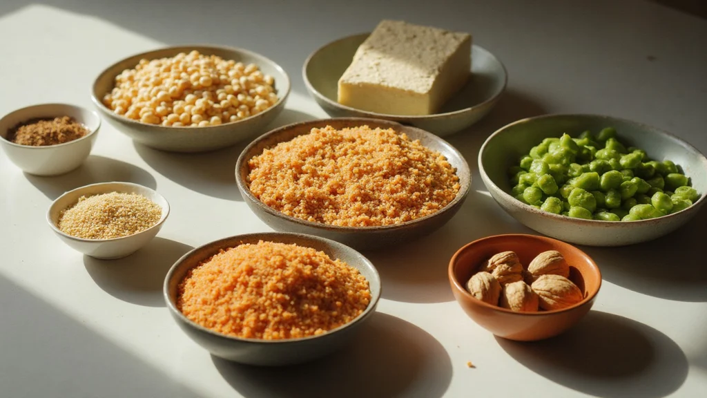 A flat lay of tofu, chickpeas, lentils, quinoa, walnuts and edamame in small bowls, generated illustration
