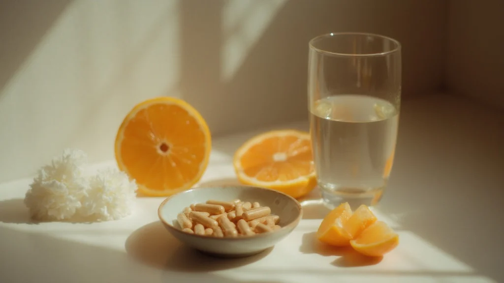 A small dish of capsules beside a glass of water and a sliced orange, generated illustration