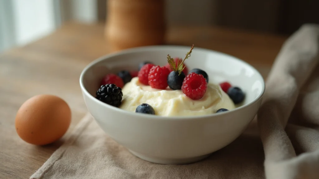 A bowl of cottage cheese with berries beside a boiled egg, generated illustration