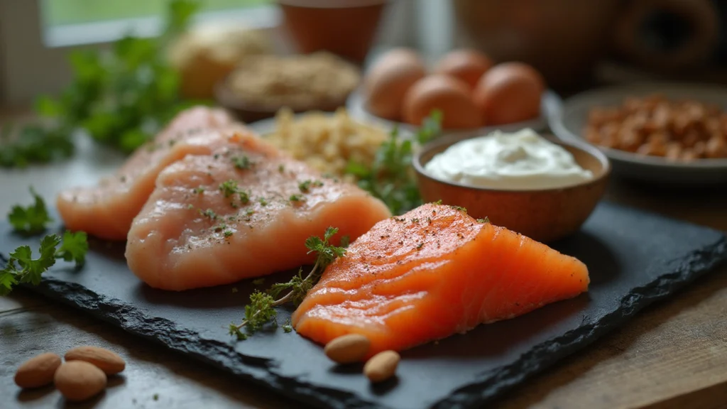 A flat lay of eggs, chicken breast, lentils, Greek yoghurt, a salmon fillet and almonds on a slate board, generated illustration