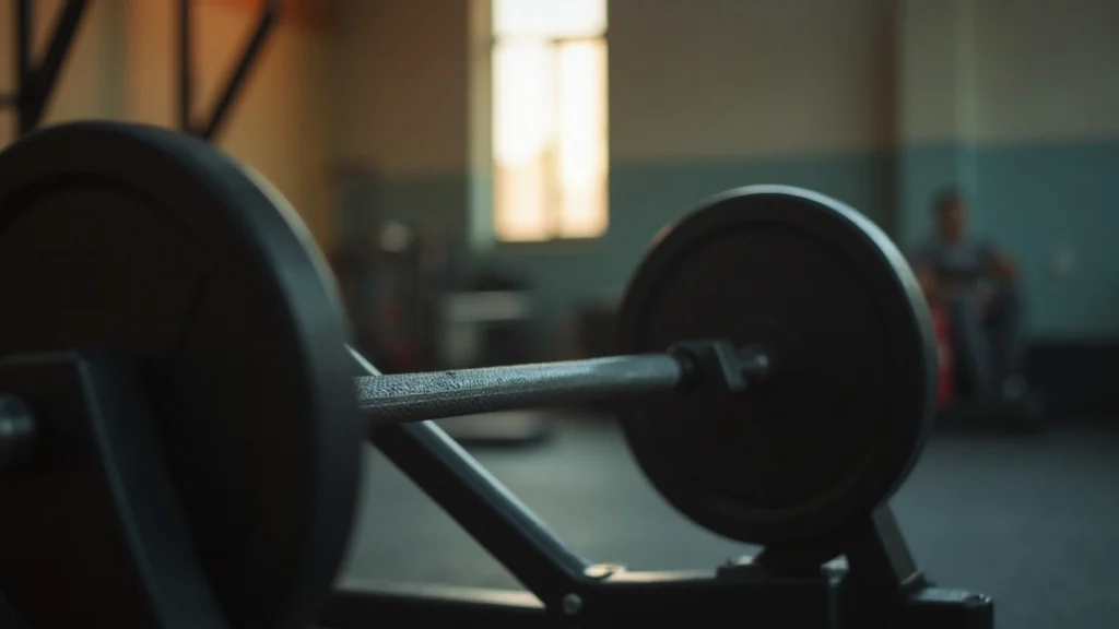 A barbell with plates resting on a rack in a gym, generated illustration