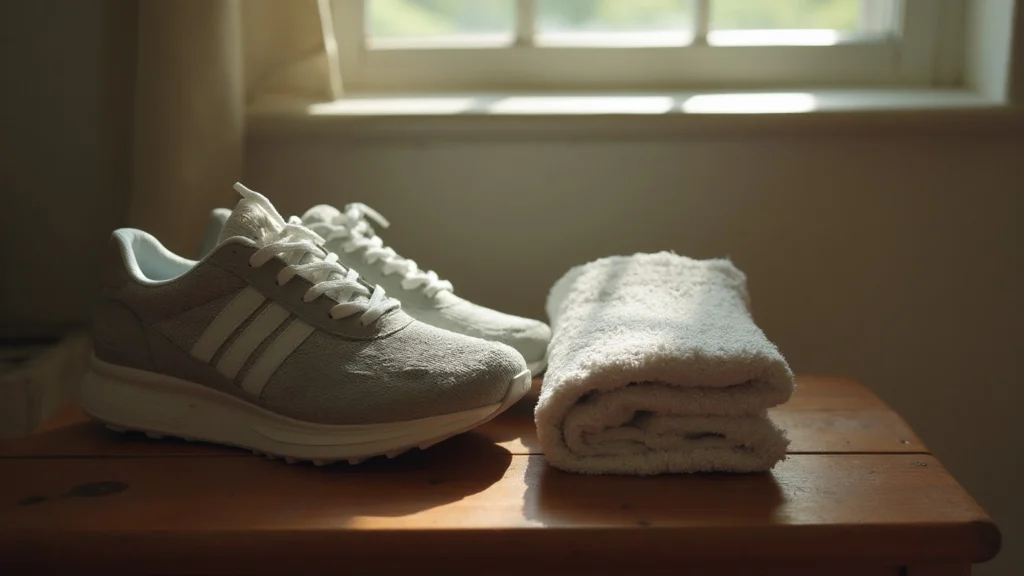 A pair of trainers and a folded towel on a wooden gym bench, generated illustration