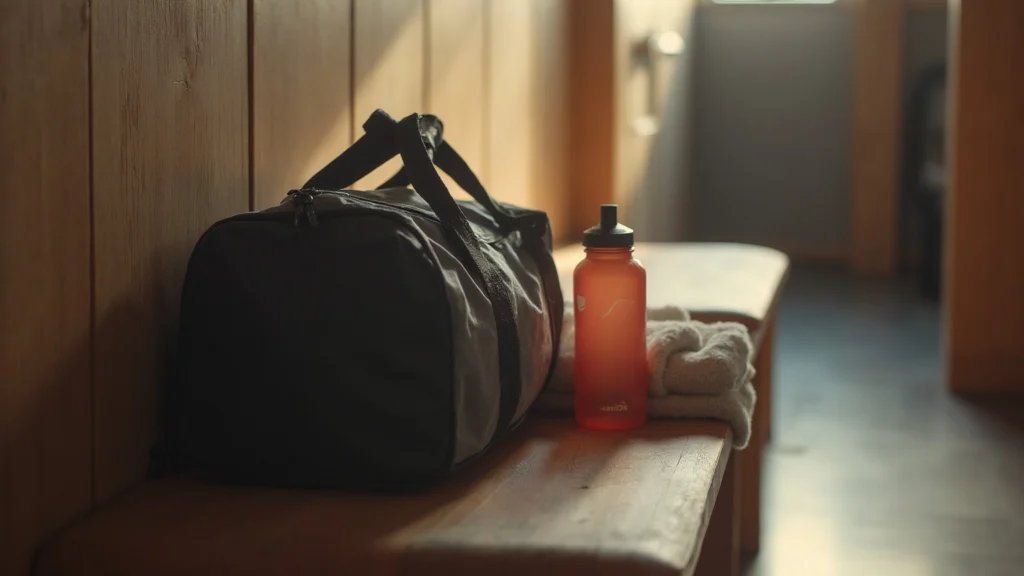 A gym bag, a towel and a water bottle on a bench in a changing room, generated illustration