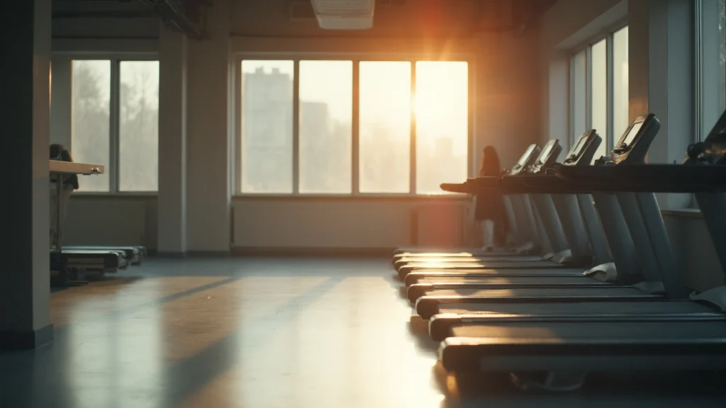 A quiet modern gym floor with treadmills and light coming through large windows, generated illustration