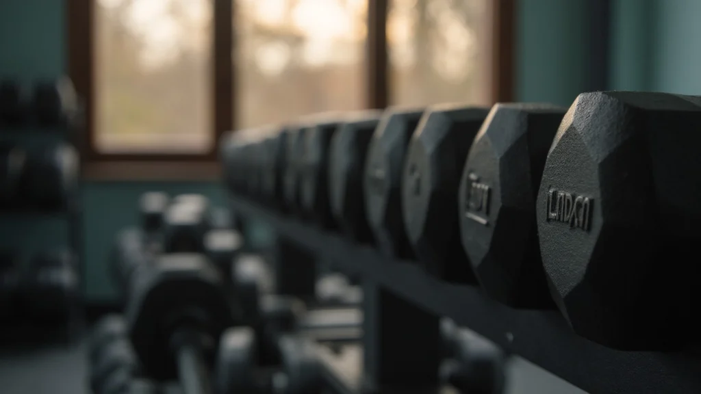 A rack of dumbbells in a quiet gym in morning light, generated illustration