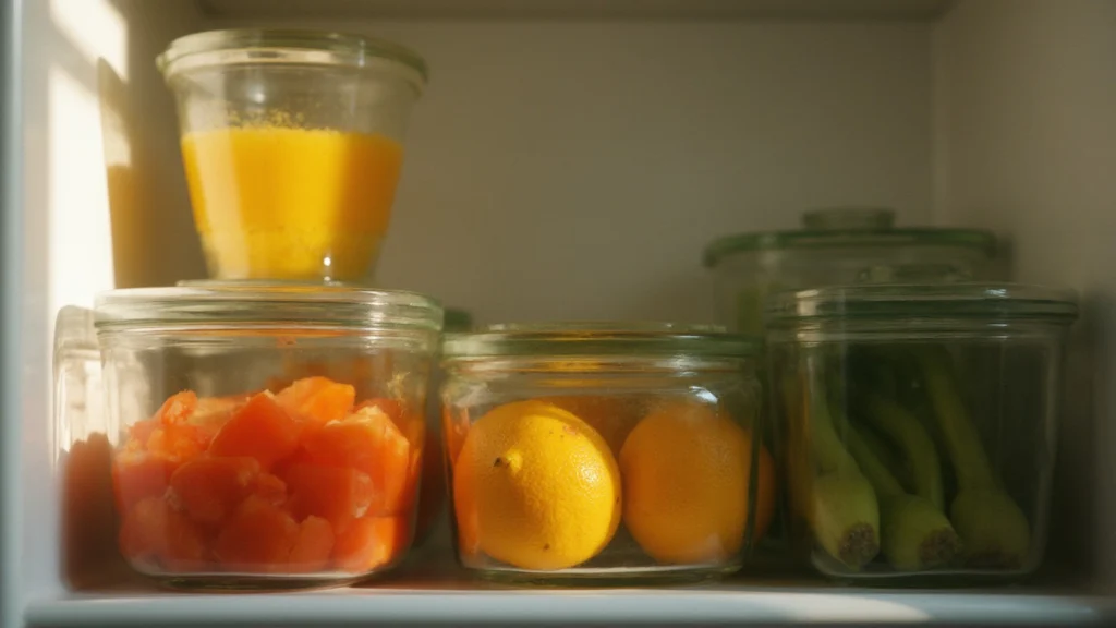 A fridge shelf with fresh produce in glass containers, generated illustration