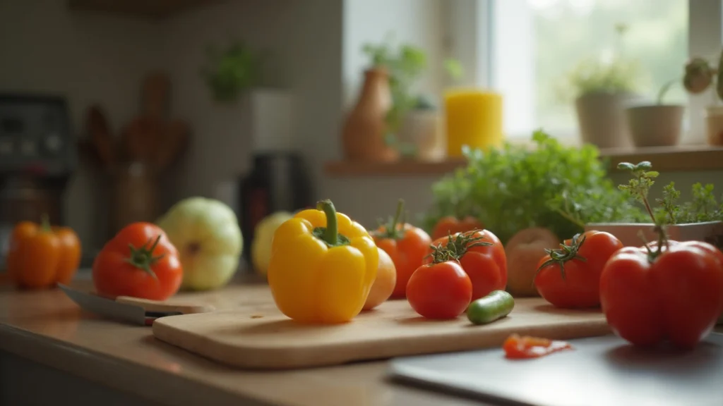 A kitchen worktop with fresh vegetables, a chopping board and a knife, preparation under way, generated illustration