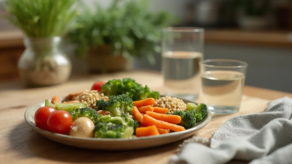 A plate of mixed vegetables and grains beside a glass of water on a kitchen table, generated illustration