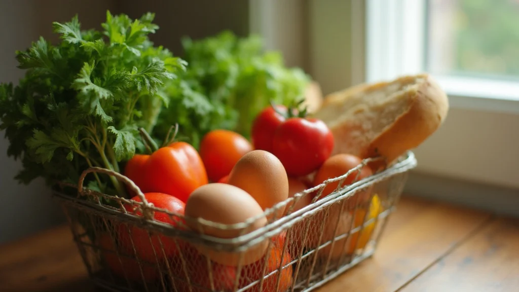 A shopping basket with fresh vegetables, eggs and a loaf of bread, generated illustration